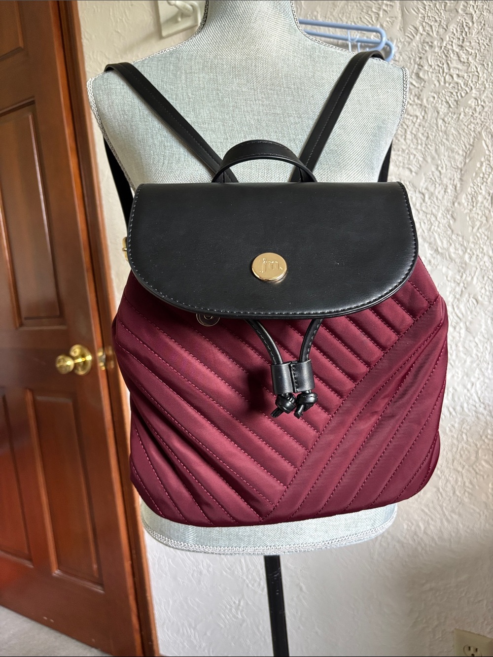 Quilted Backpack Purse - Burgundy and Black